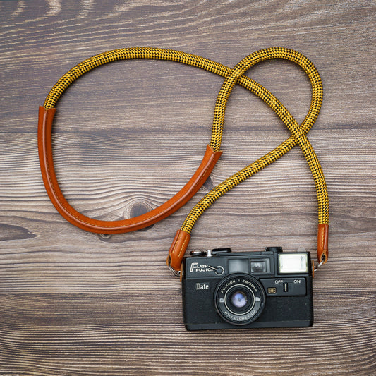 Rope Camera Strap HandMade Yellow 10mm Strap with Leather Shoulder pad