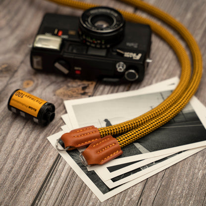 Rope Camera Strap HandMade Yellow 10mm Strap with Leather Shoulder pad