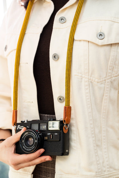 Rope Camera Strap HandMade Yellow 10mm Strap with Leather Shoulder pad